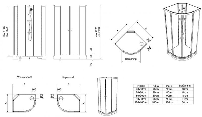 VikingBad Sofia Dusjkabinett 70x90x210, Pluss