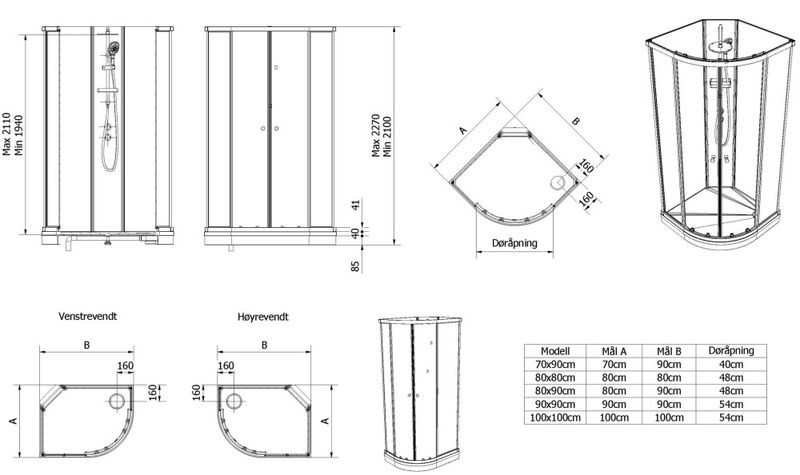 Vikingbad SOFIA Dusjkabinett pluss, 90x90x210cm, sort/hvit