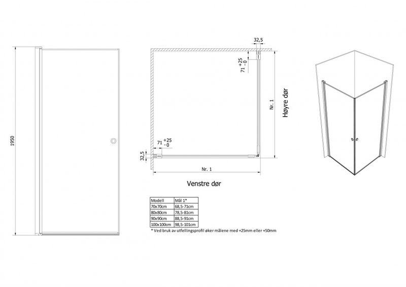 VikingBad Dusjhjørne rett LIAM 100x100cm SGl