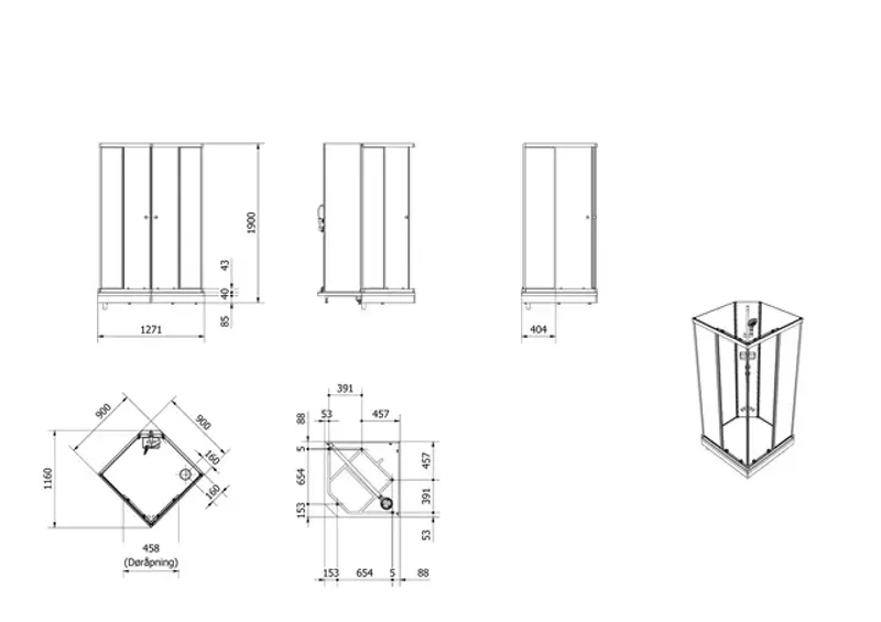 Dusjkabinett SOFIA rett std 90x90x190cm lav Hvit/hvit